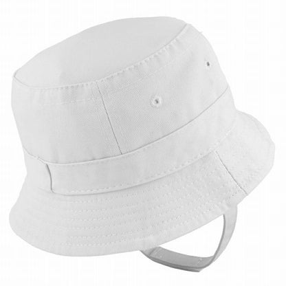 Side view of white baby bucket hat with chin strap on a white background.