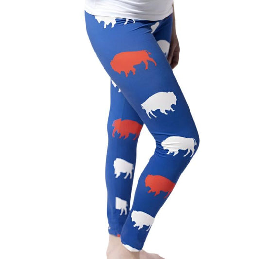 Red and Blue Women's Buffalo Print  Leggings on model. Royal blue with red and white buffalos. - Little Gift Nook