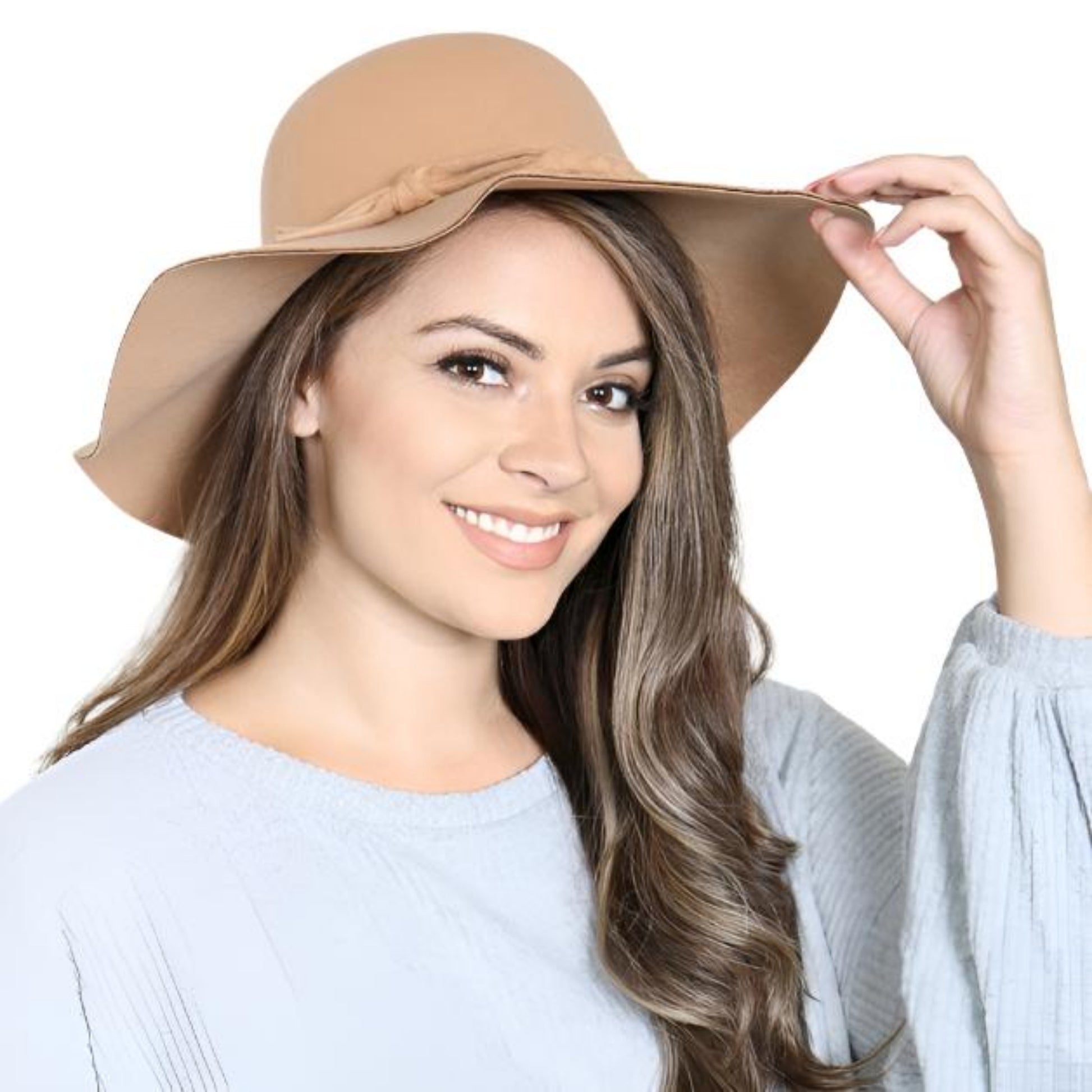 Women's beige braided brim sun hat.  Women's sun hat on model.- Little Gift Nook