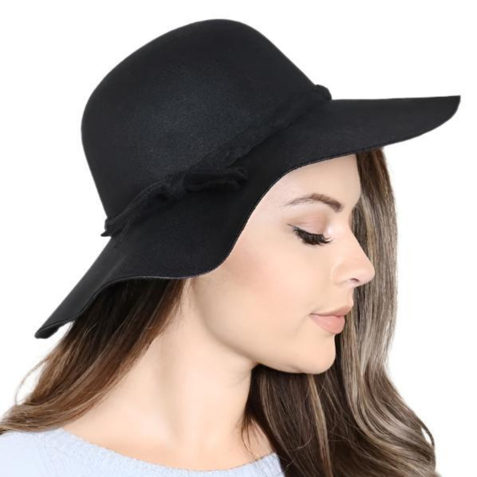 Women's Braided Brim Summer Sun Hat in Black. Sun Hat on model side view. - Little Gift Nook